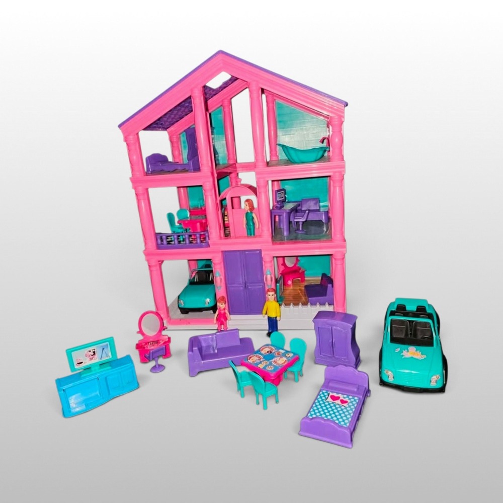 Kids 3-Story Pink Purple Dollhouse Furniture Figures Cars Kid Connection OS Toy